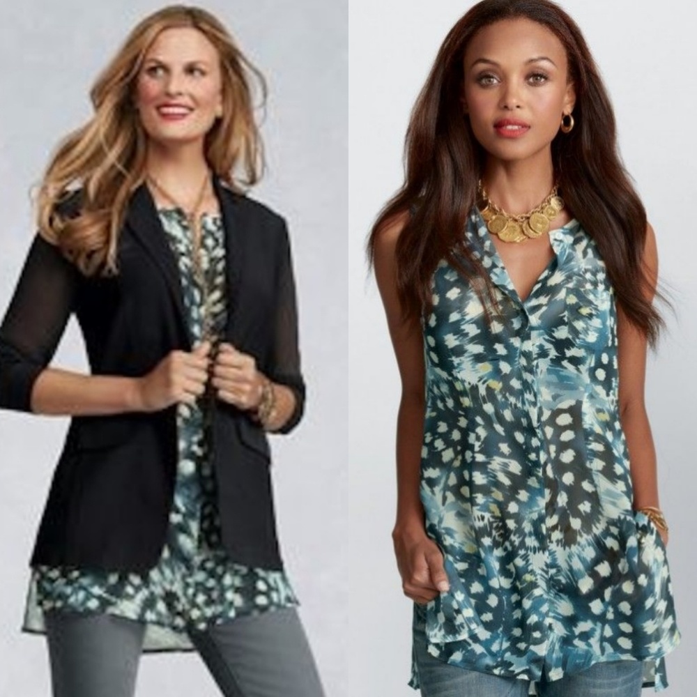 CAbi Top Avery Tunic Blue White Sheer Button Boho Career Spring Summer Artsy